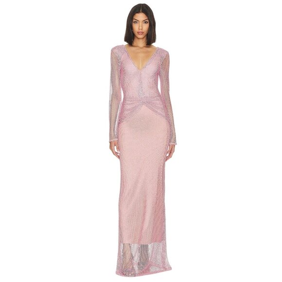 PatBO Rhinestone Netted Plunge Gown in Light Pink 4 New Womens Long Dress - Picture 1 of 11
